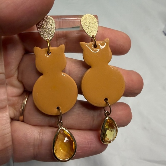 Gold and Tan Cat Earrings with Teardrop Charm - Picture 1 of 5
